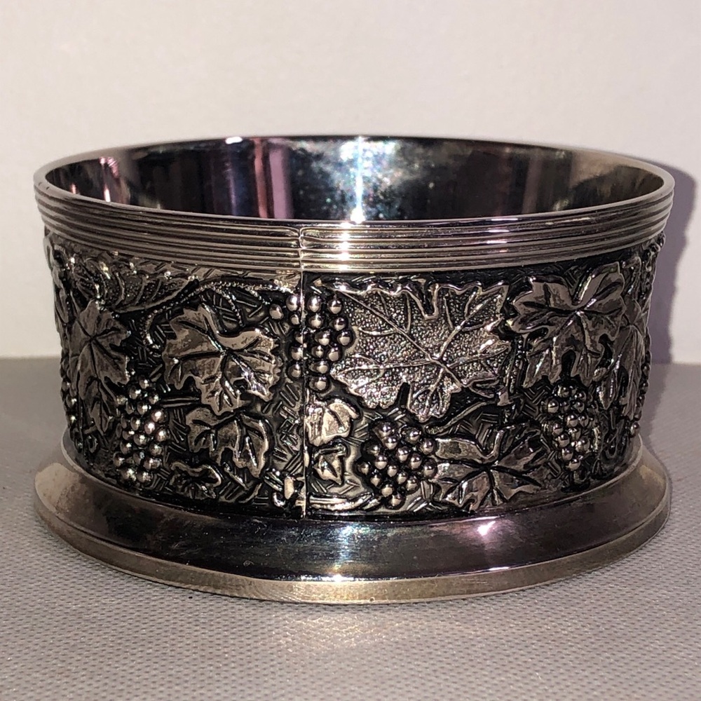 Vintage Silver Plated Wine Bottle Coaster - Embossed Grape & Vine Leaf Design